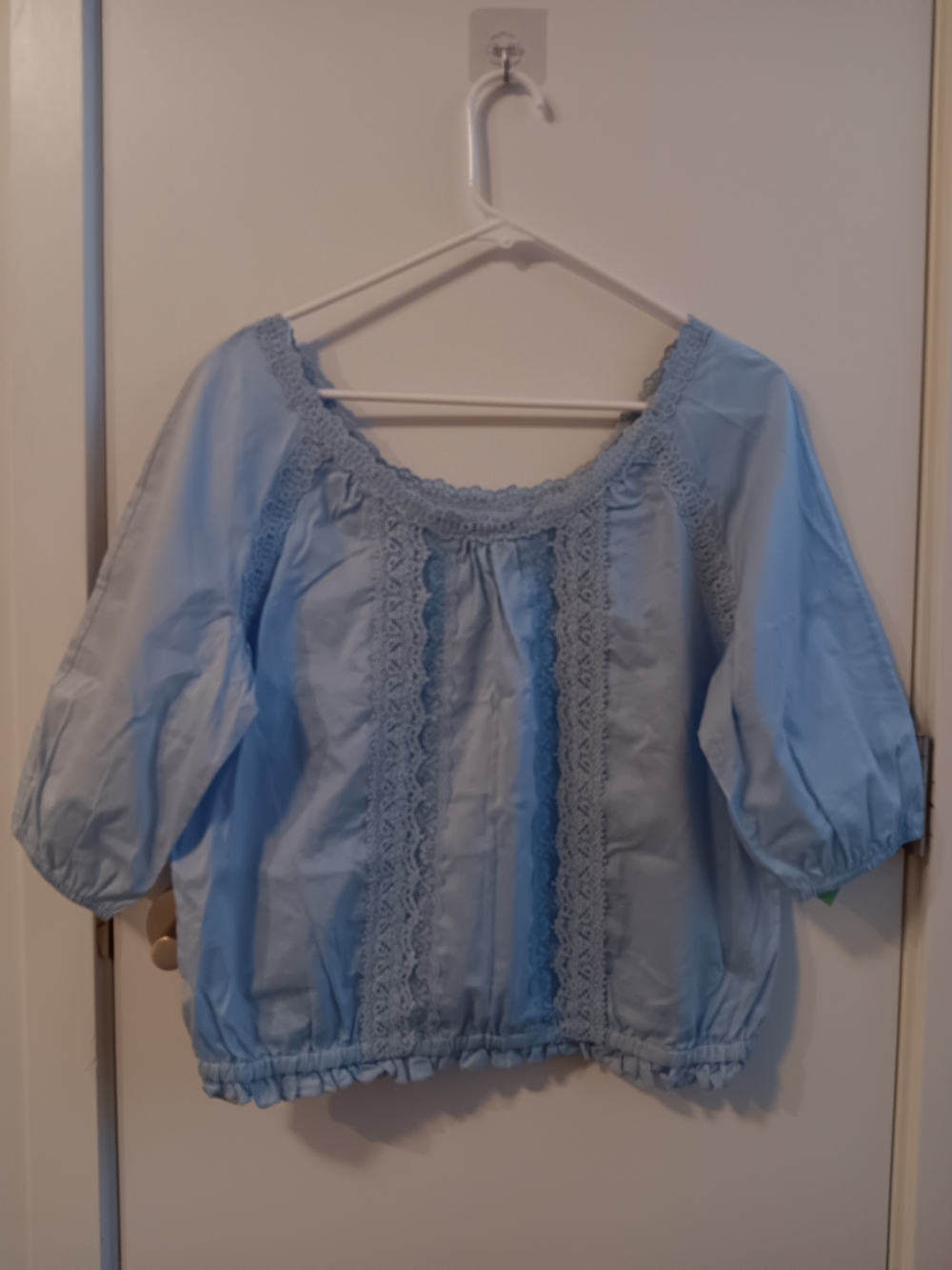 Victoria's Secret Light Blue Lace-Trim Cotton Peasant Top